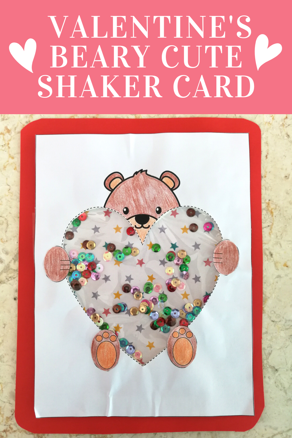 Free Printable Valentine’s Day Shaker Card (Bear Hugging A Heart)