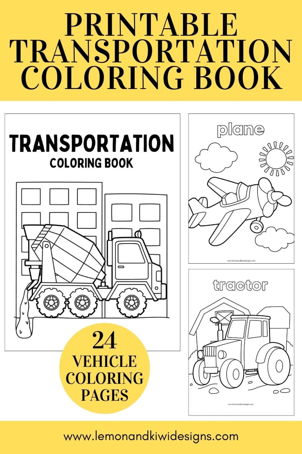 Printable Transportation Coloring Book Lemon and Kiwi Designs